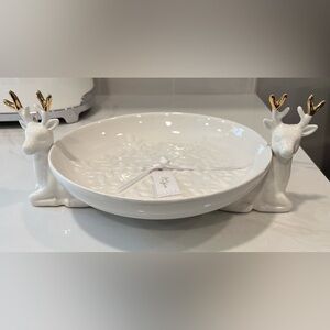 NWT White Ceramic Christmas Snowflake Shallow Bowl With Deer Gold Antlers